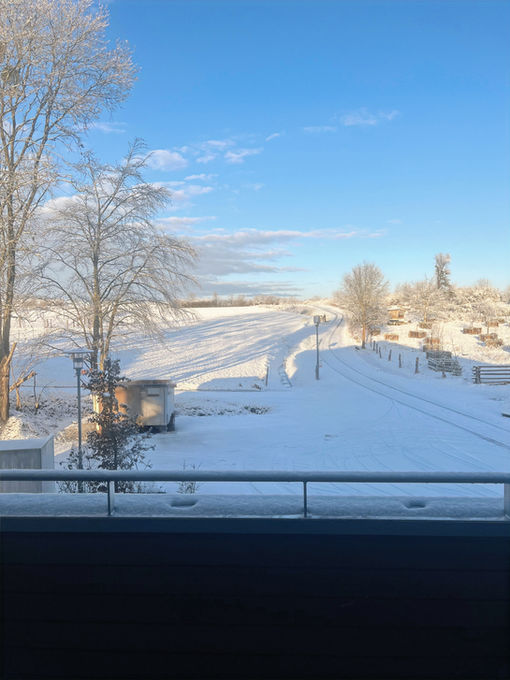 Rundlaufender Balkon bei CoWork in Utting mit Blick auf das Naturschutzgebiet und Pferdekoppeln.