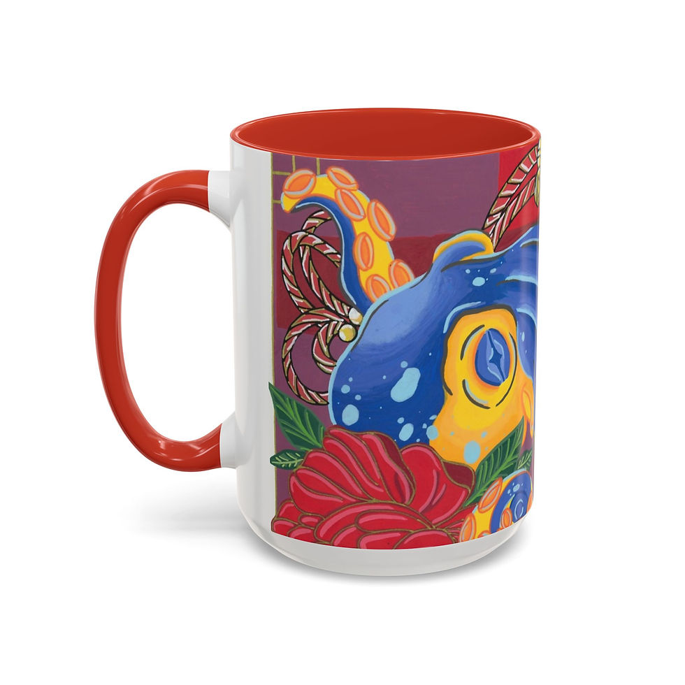 Thumbnail: White mug with red handle and colorful octopus design