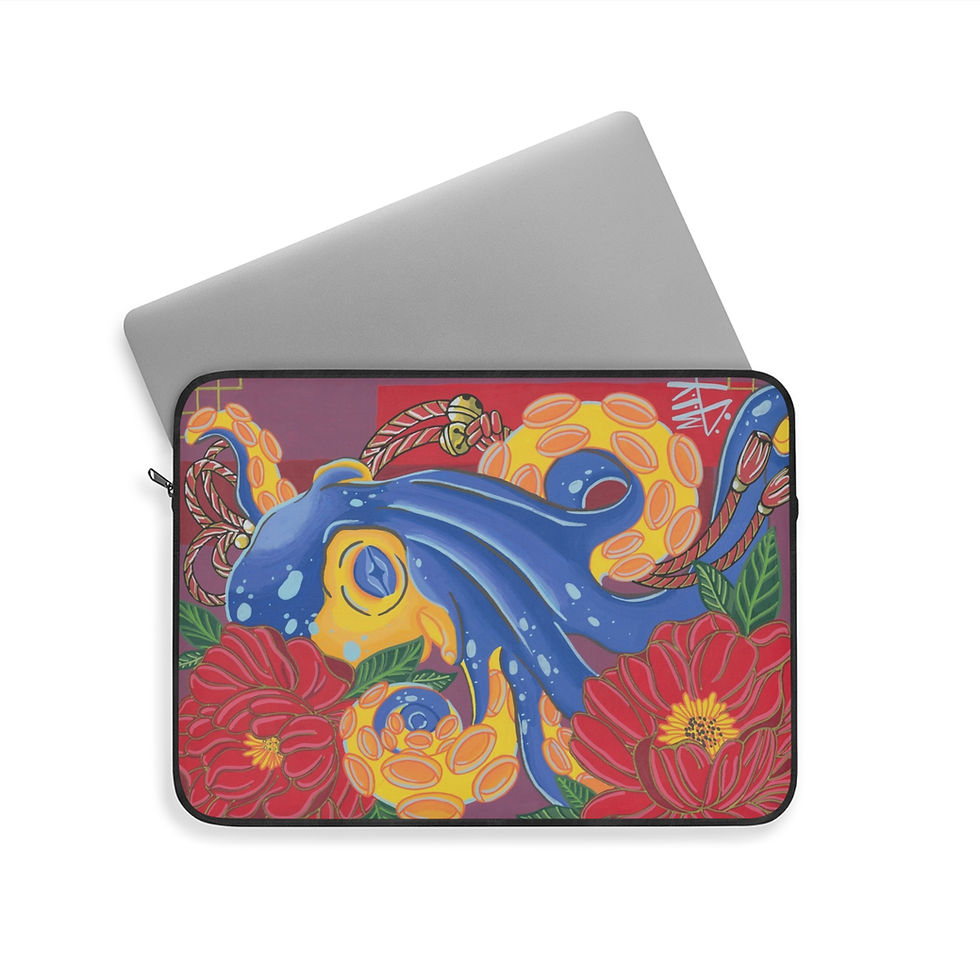 Laptop sleeve with blue octopus and floral pattern