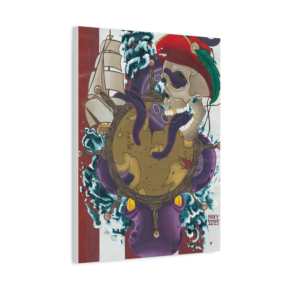 Thumbnail: Canvas art of pirate skull, kraken, ship's wheel