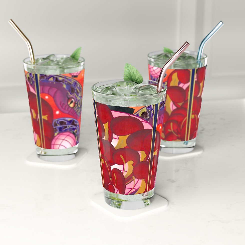 Three drinks in glasses with Japanese art patterns