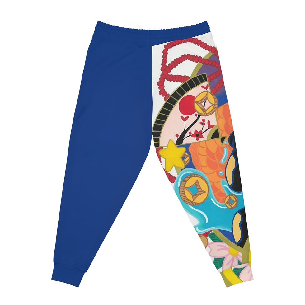 Thumbnail: Bright blue athletic joggers, one leg with lucky cat AOP