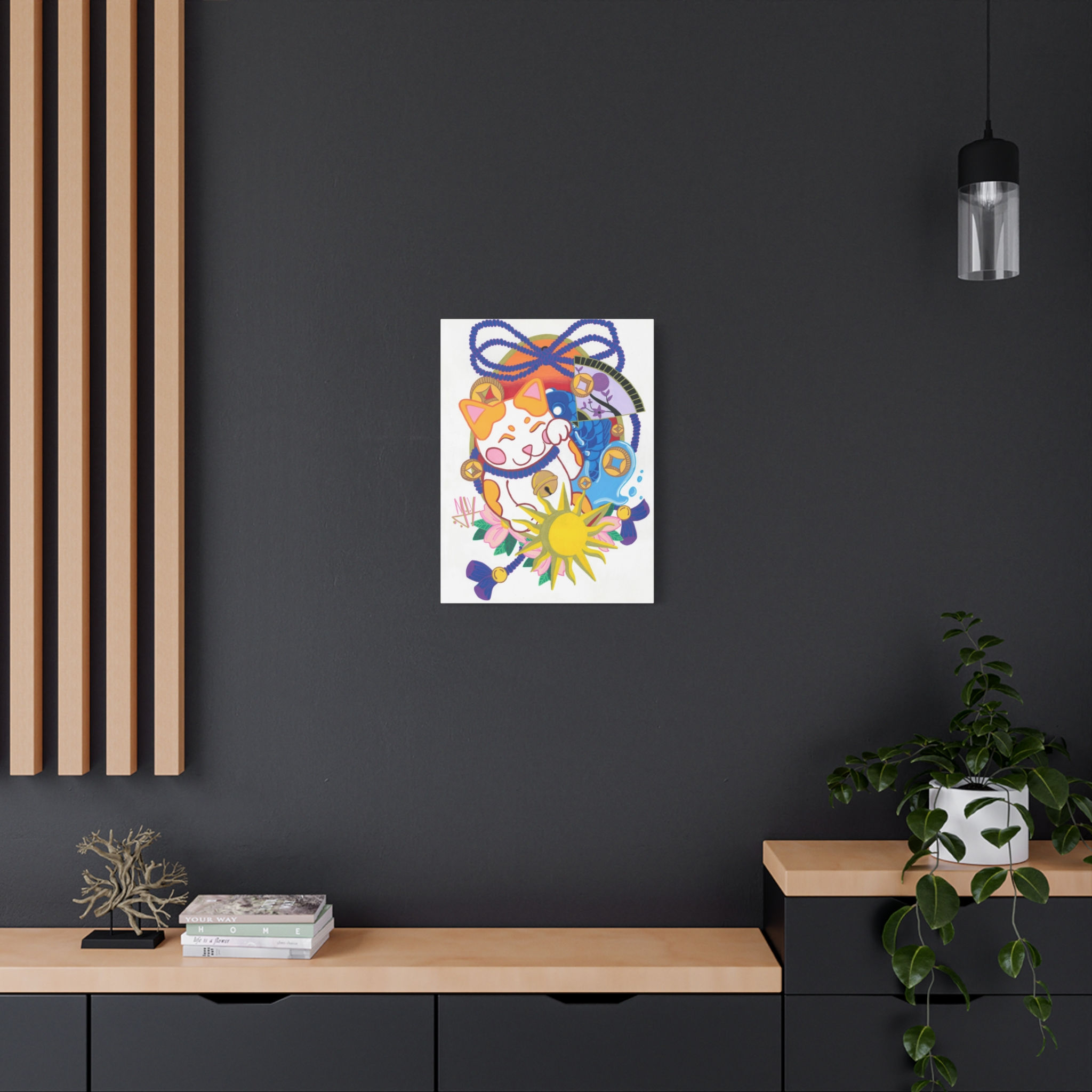 Canvas print with colorful cats and sun on a dark wall
