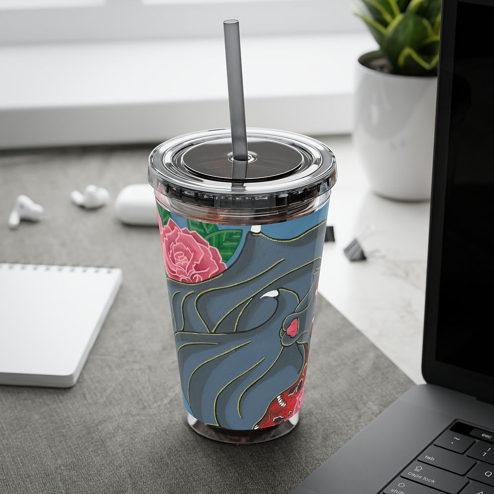 Thumbnail: Clear tumbler with a vibrant kitsune design and pink roses