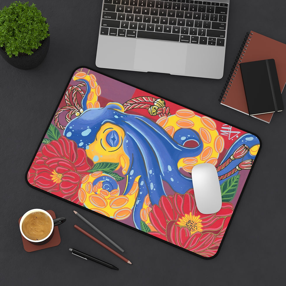 Japanese art mousepad with blue octopus and red peonies