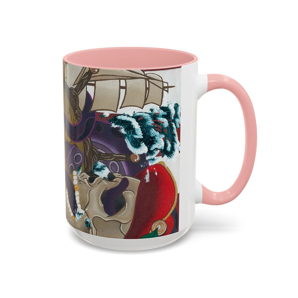 Thumbnail: White mug with pink handle and an illustration of a ship on stormy seas