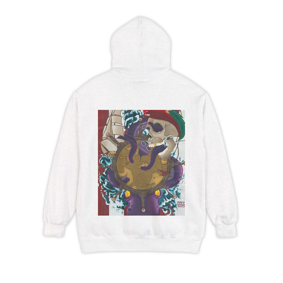 Thumbnail: White hoodie back with pirate octopus skull graphic