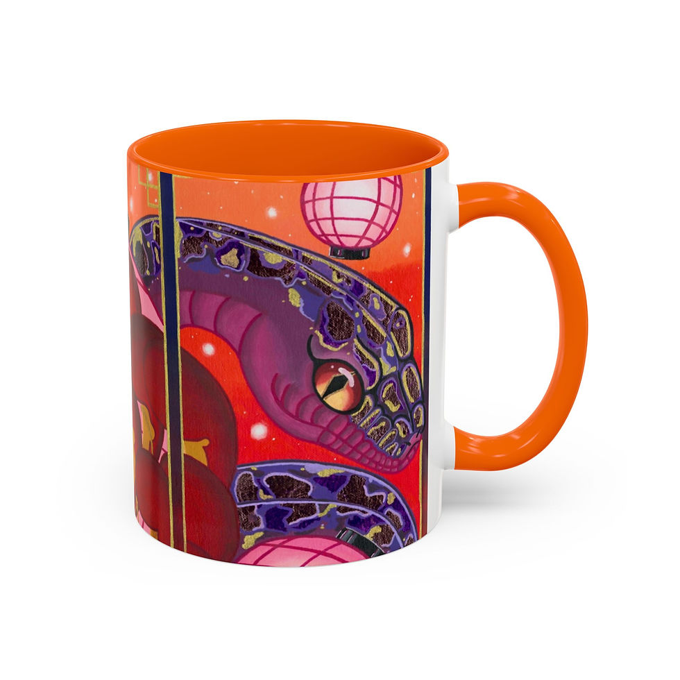 Thumbnail: Vibrant Japanese art mug: serpent, lanterns, orange handle