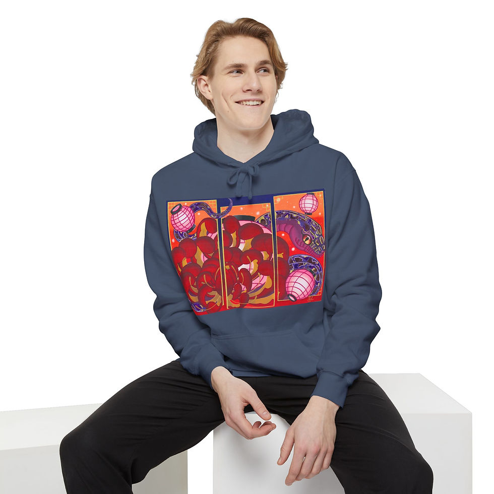 Thumbnail: Man wearing blue Dragon Lantern Hoodie