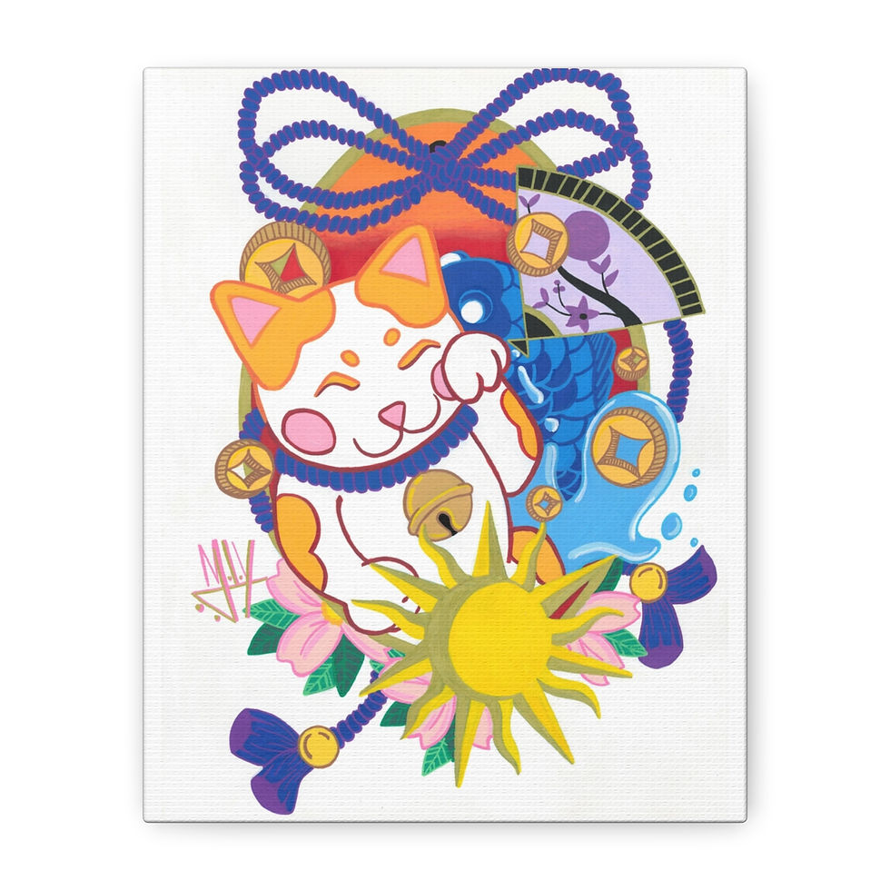 Thumbnail: Maneki Neko with sun, waves, and flowers