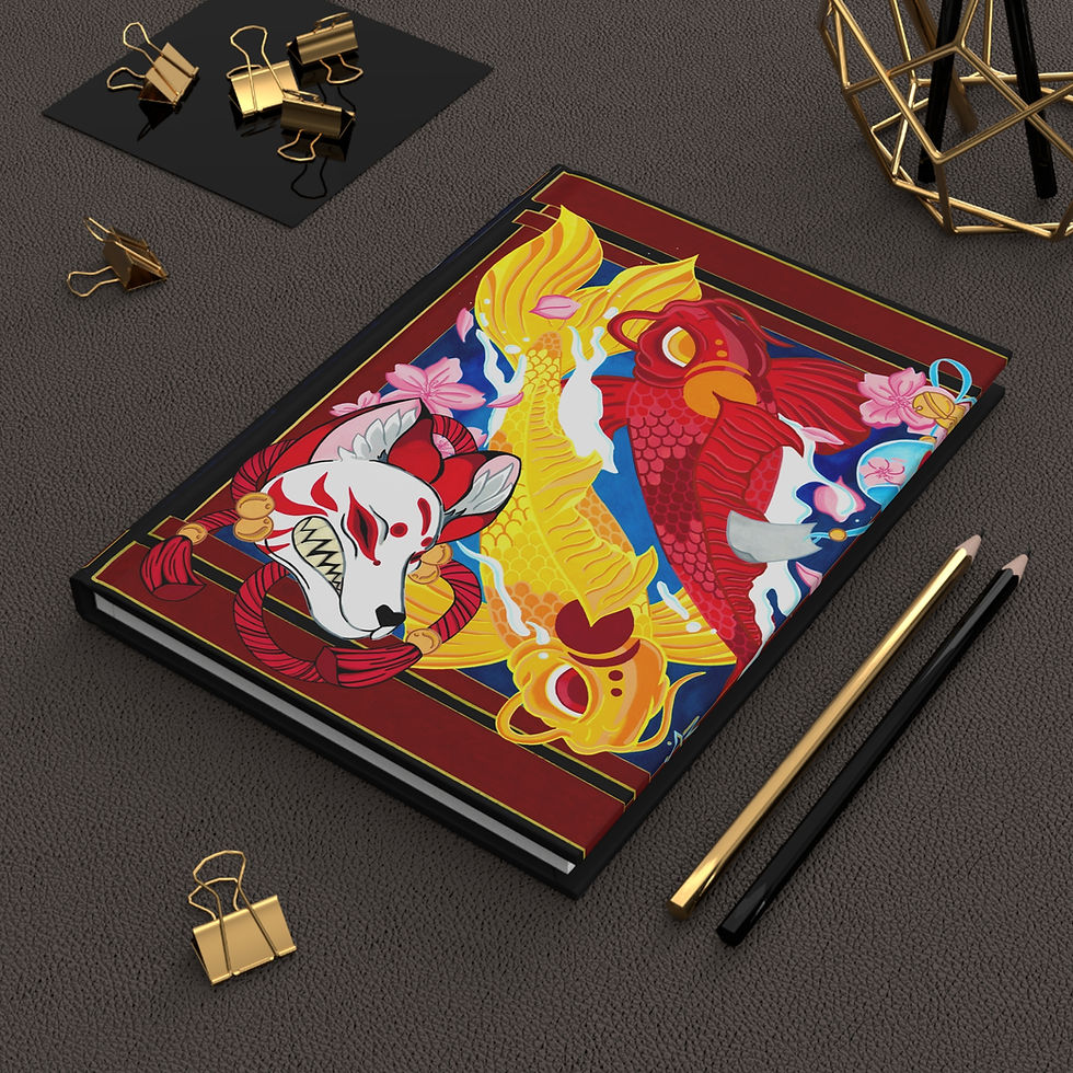 Notebook with colorful fox mask and koi fish design