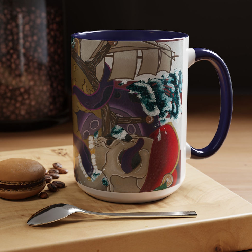 Thumbnail: Colorful abstract pattern mug with blue handle and rim