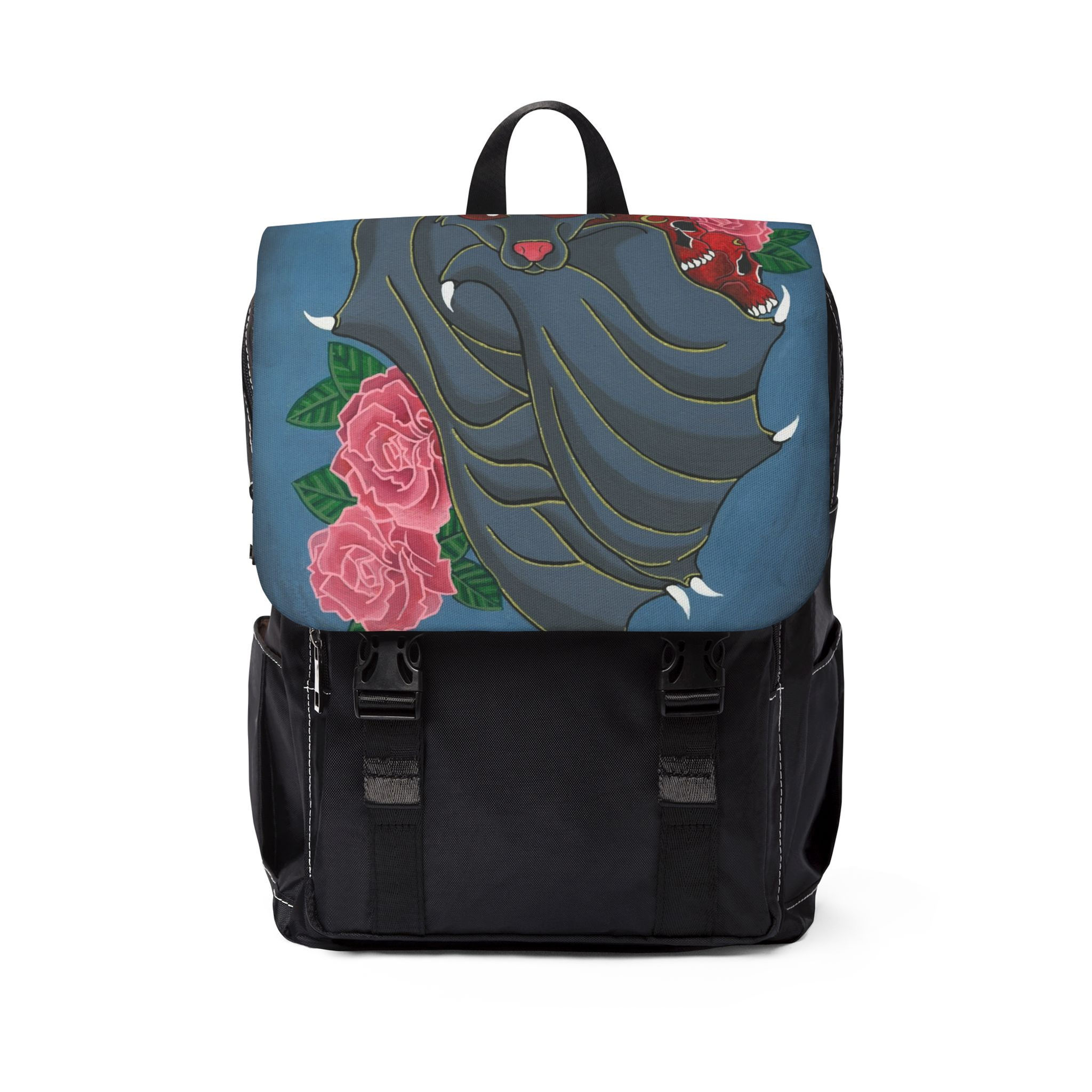 Black backpack with panther head and red roses design