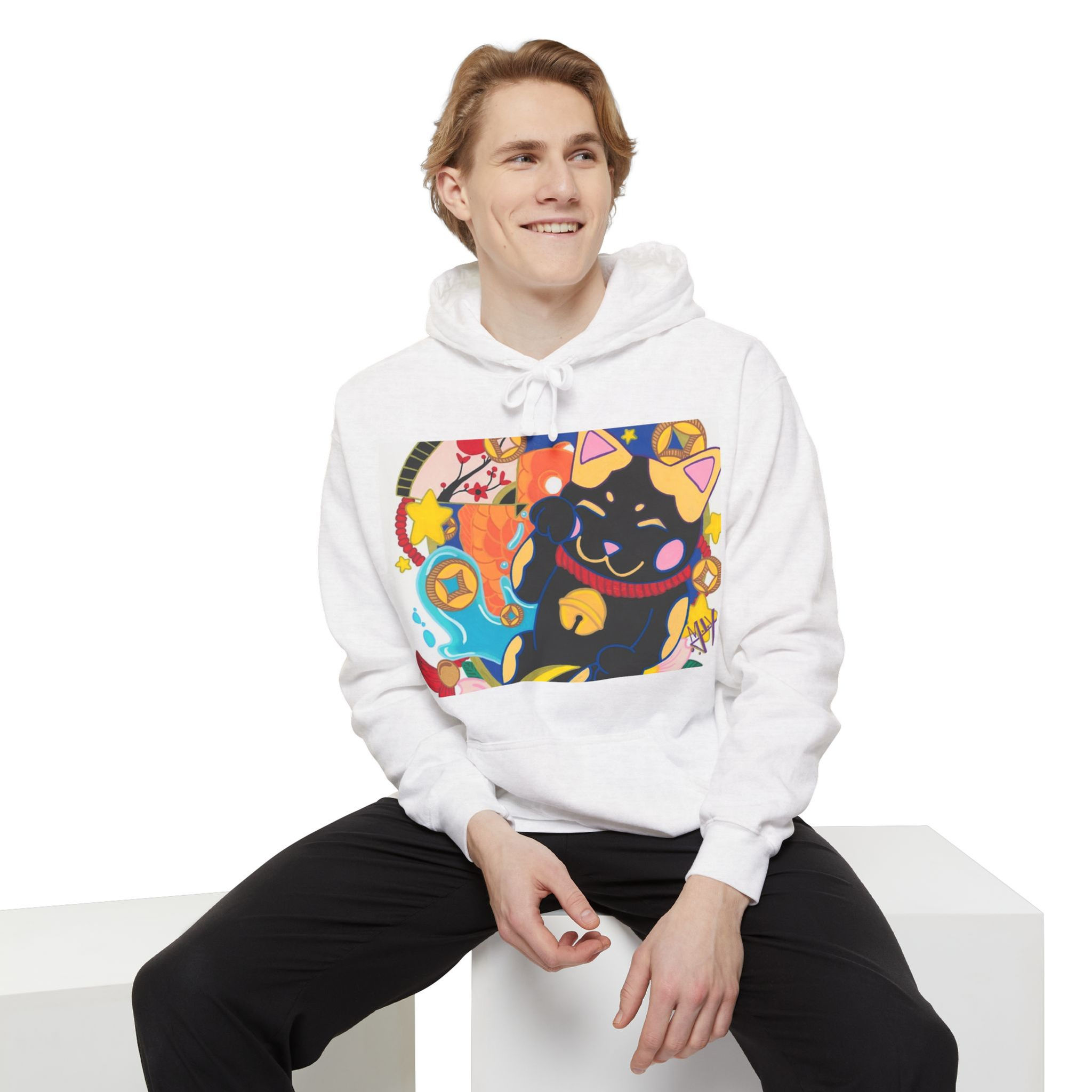 White hoodie with colorful Lucky Cat graphic