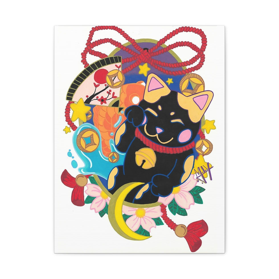 Thumbnail: Colorful Maneki-neko lucky cat with Japanese fortune symbols