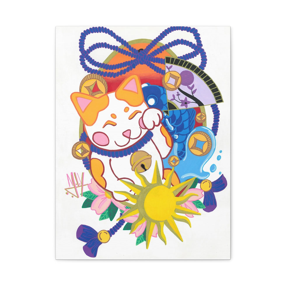 Thumbnail: Lucky Maneki-neko with sun, flowers, and coins