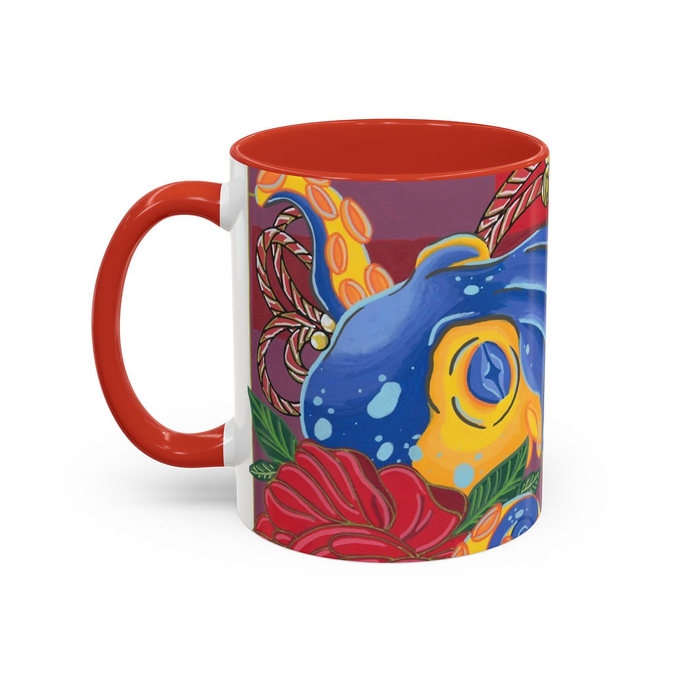Thumbnail: White mug with red handle and colorful octopus graphic