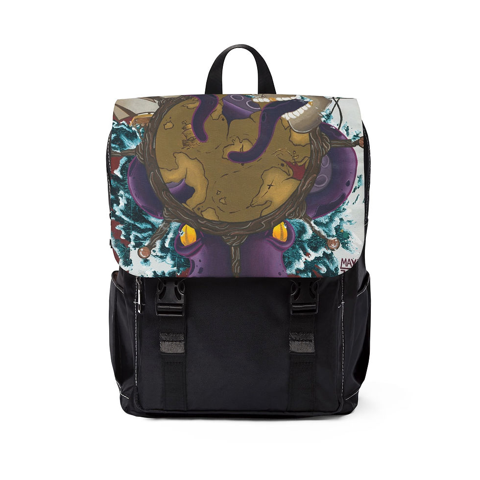 Black backpack with nautical octopus graphic
