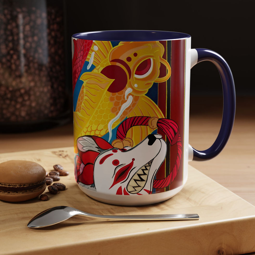 Thumbnail: Mug with vibrant Japanese art of yellow creature and white fox mask