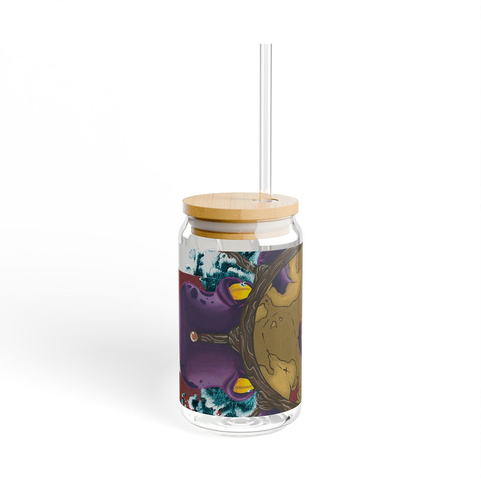 Thumbnail: Glass can cup with bamboo lid & straw, vibrant Japanese myth art
