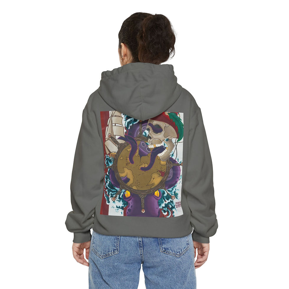 Thumbnail: Back of grey hoodie with octopus skull nautical graphic