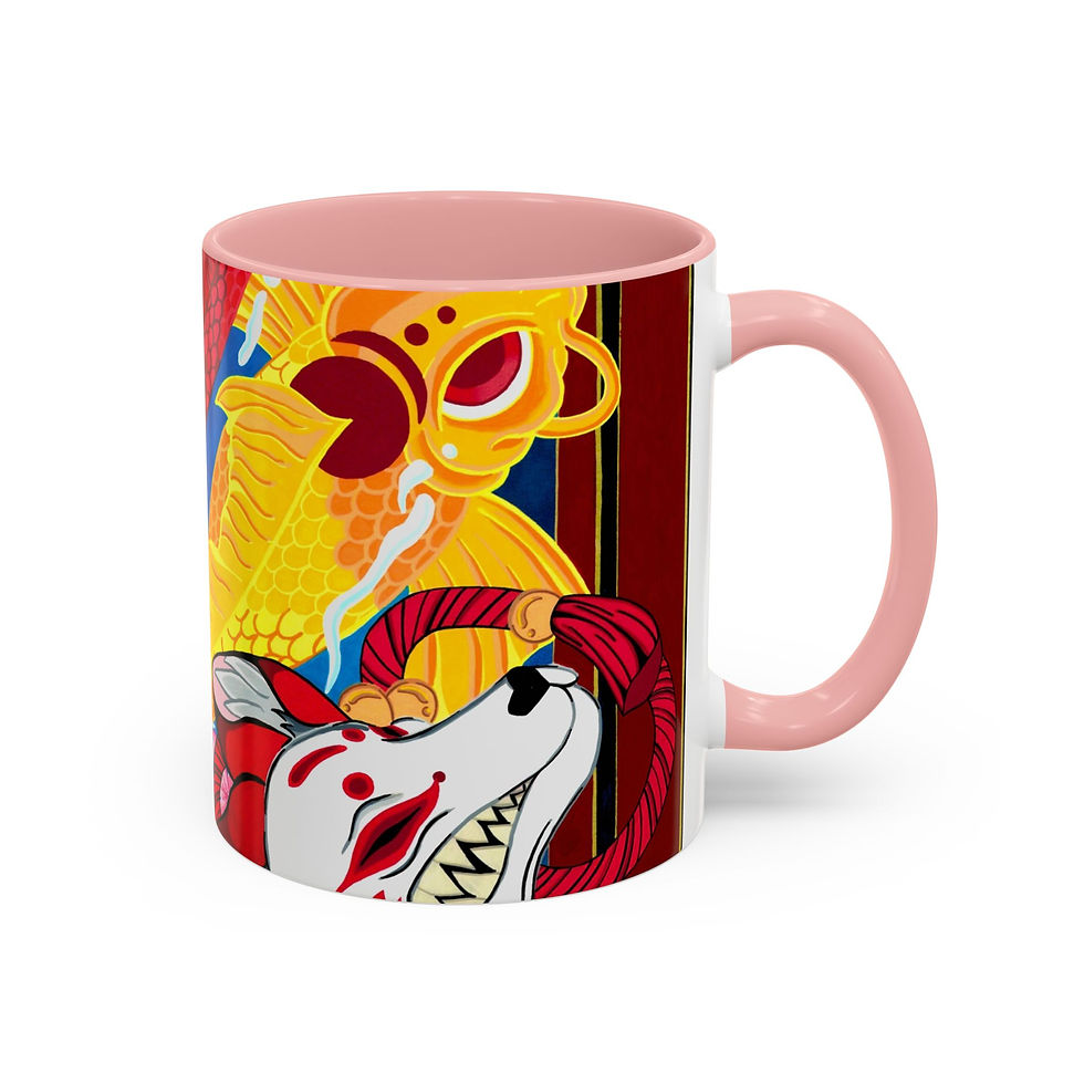 Thumbnail: Pink handle mug with vibrant Japanese art of a white fox