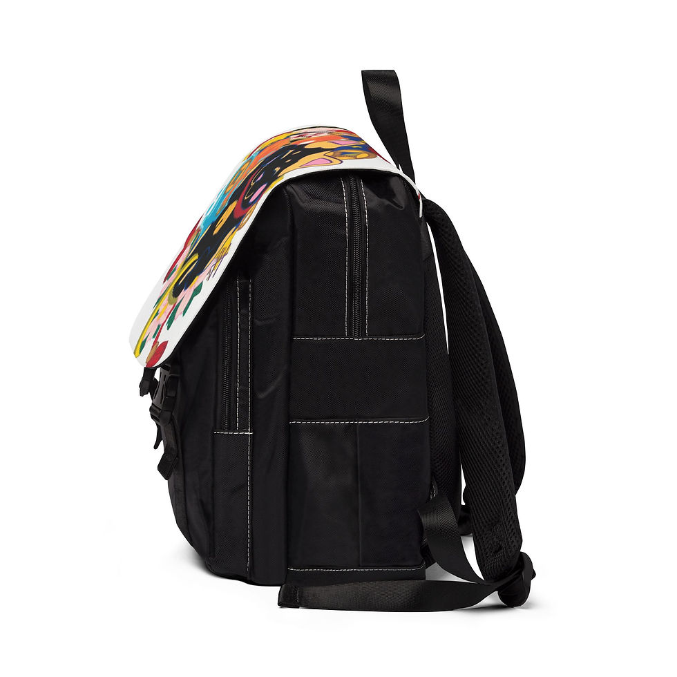 Thumbnail: Black backpack, side view, with colorful graphic flap