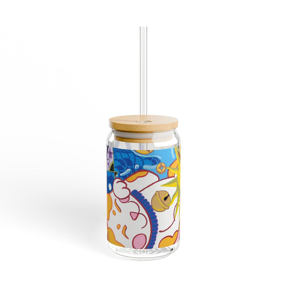 Vibrant floral glass can with bamboo lid and straw