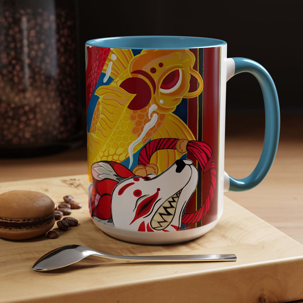 Japanese art mug with fox and mythical creature design