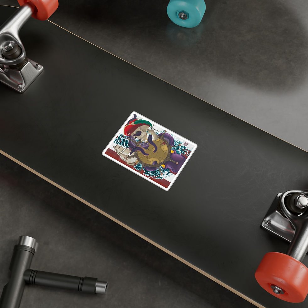Kitsune and Koi sticker on a skateboard