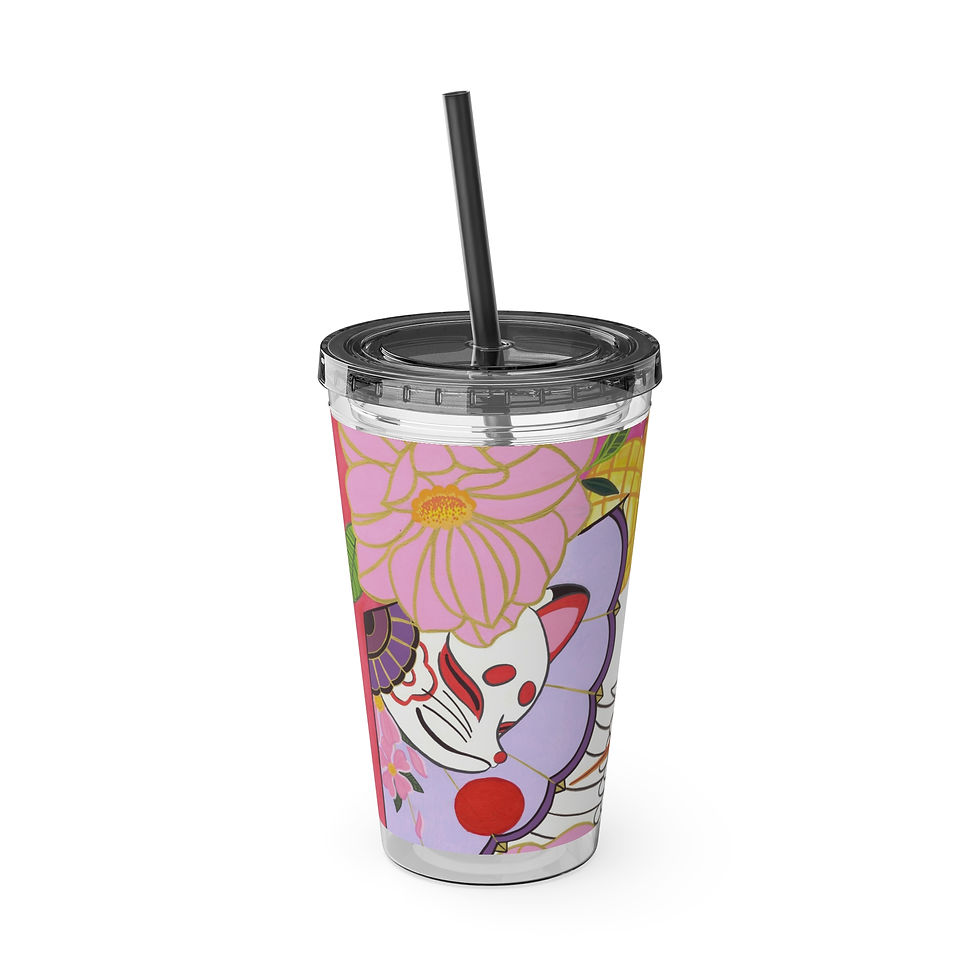 Thumbnail: 16oz Sunsplash Tumbler with Straw — Colorful Floral Fox Art Travel Cup