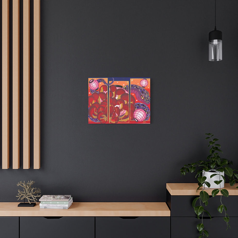 Vibrant Japanese myth art triptych on a dark gray wall