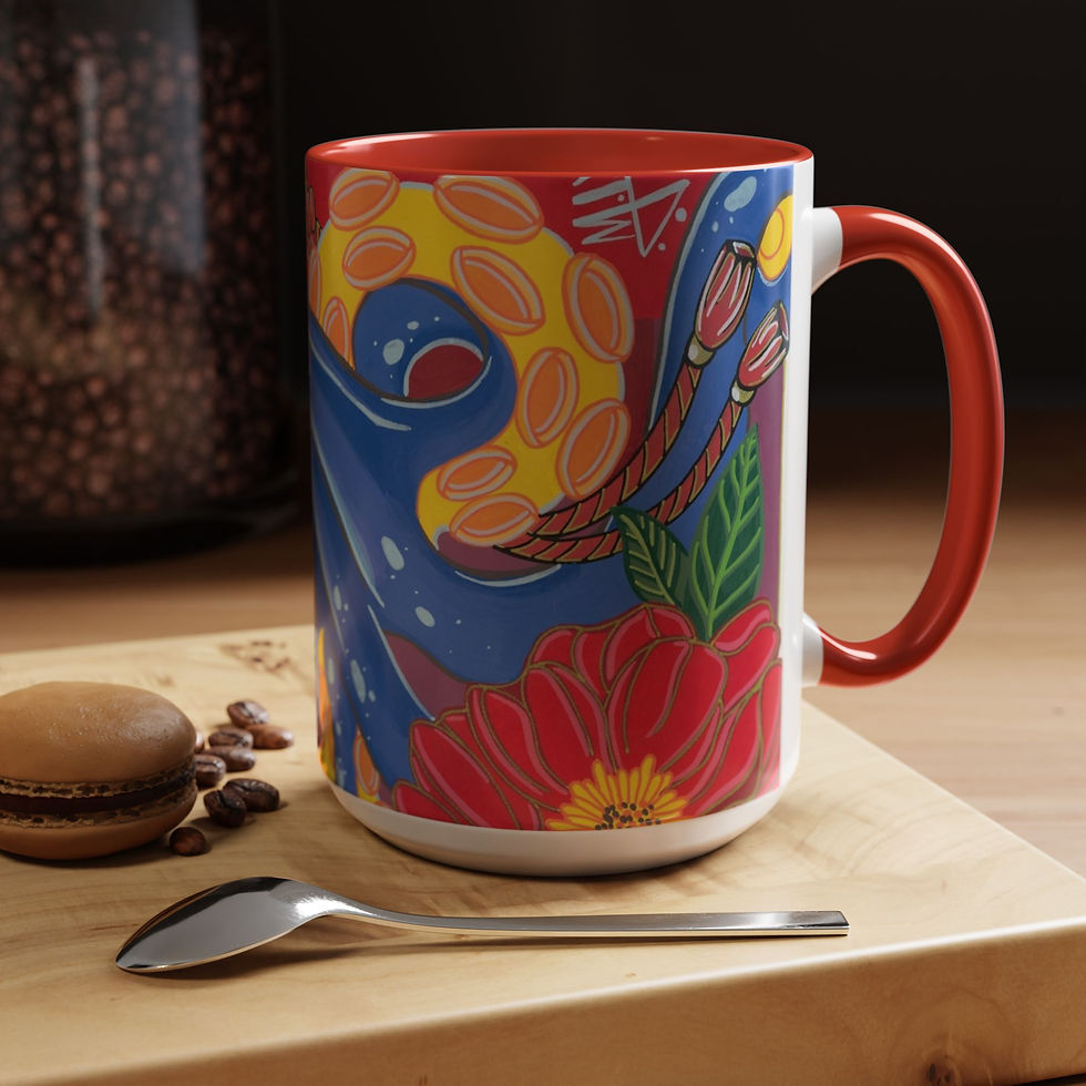 Thumbnail: Colorful mug with abstract floral design, macaron, spoon