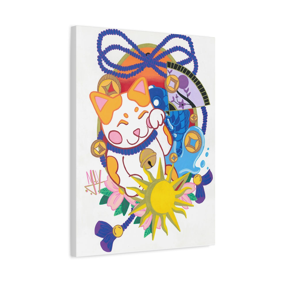 Thumbnail: Maneki-neko cat with sun, fan, and Japanese charms