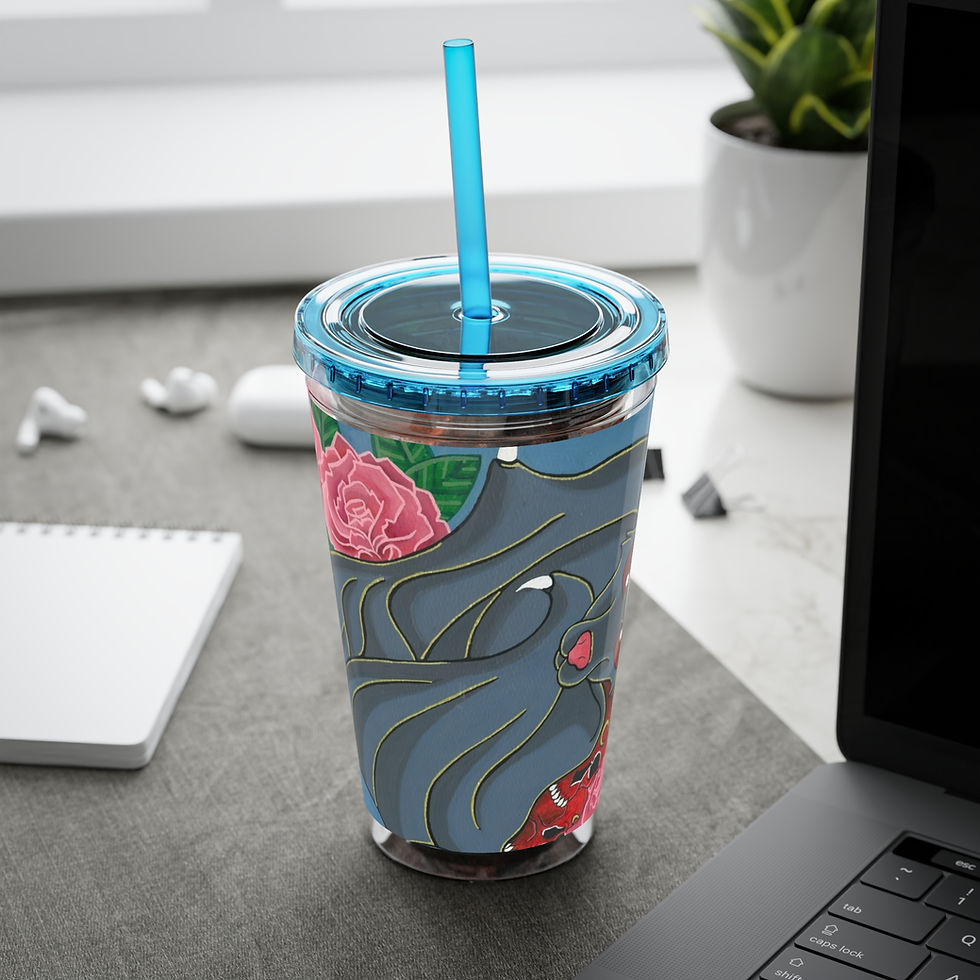 Clear tumbler with blue straw and stylized cat design
