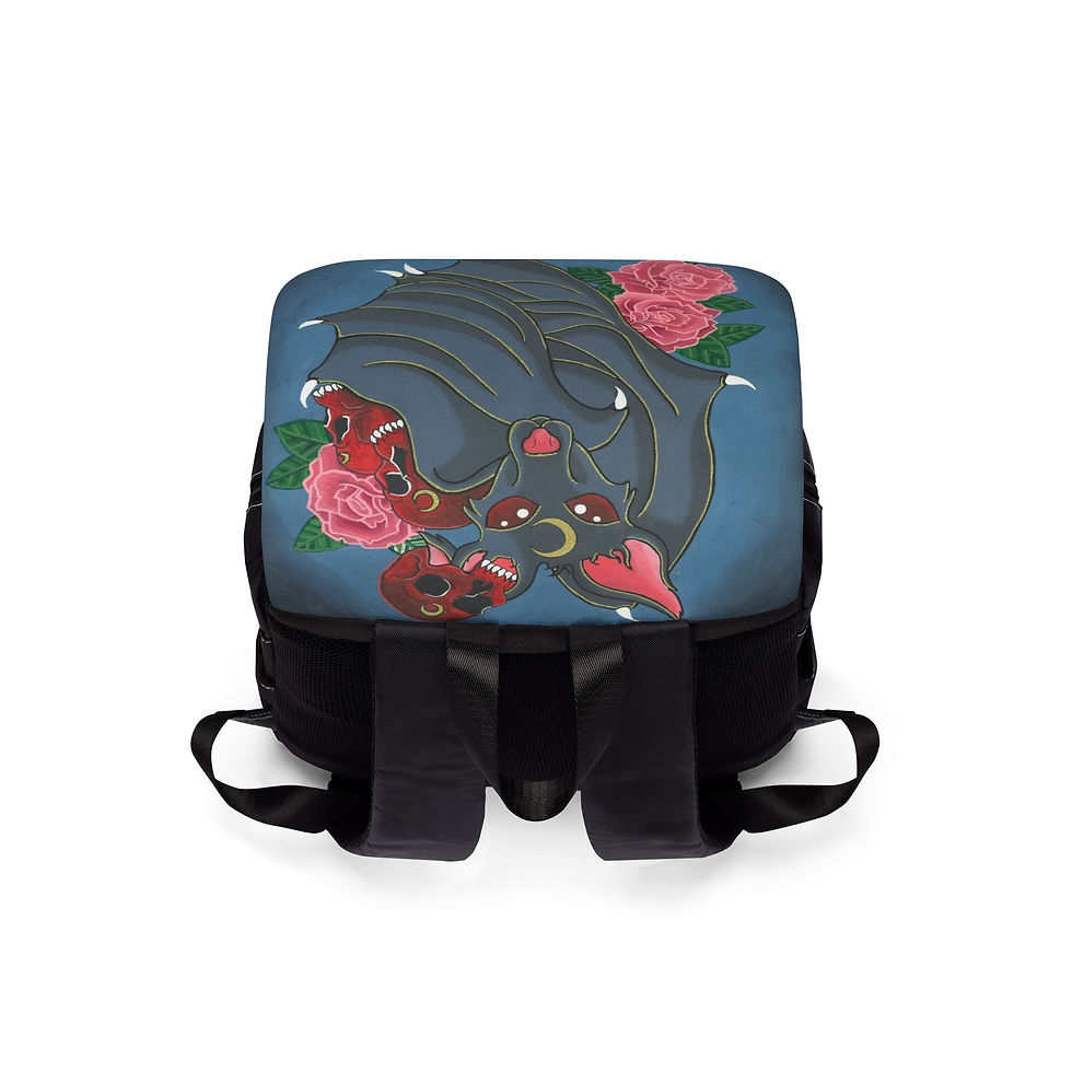 Thumbnail: Black backpack with colorful lucky cat and flower design