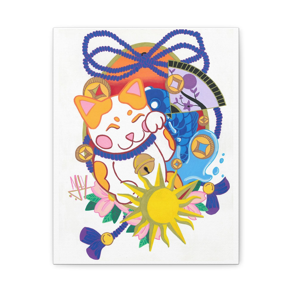 Thumbnail: Vibrant Maneki-neko lucky cat with sun, flowers, and fan