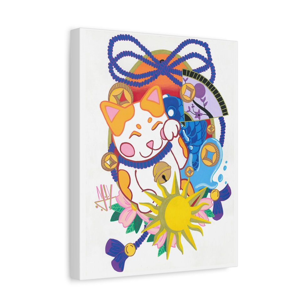 Thumbnail: Lucky Maneki-neko cat with sun, coins, and blue bow