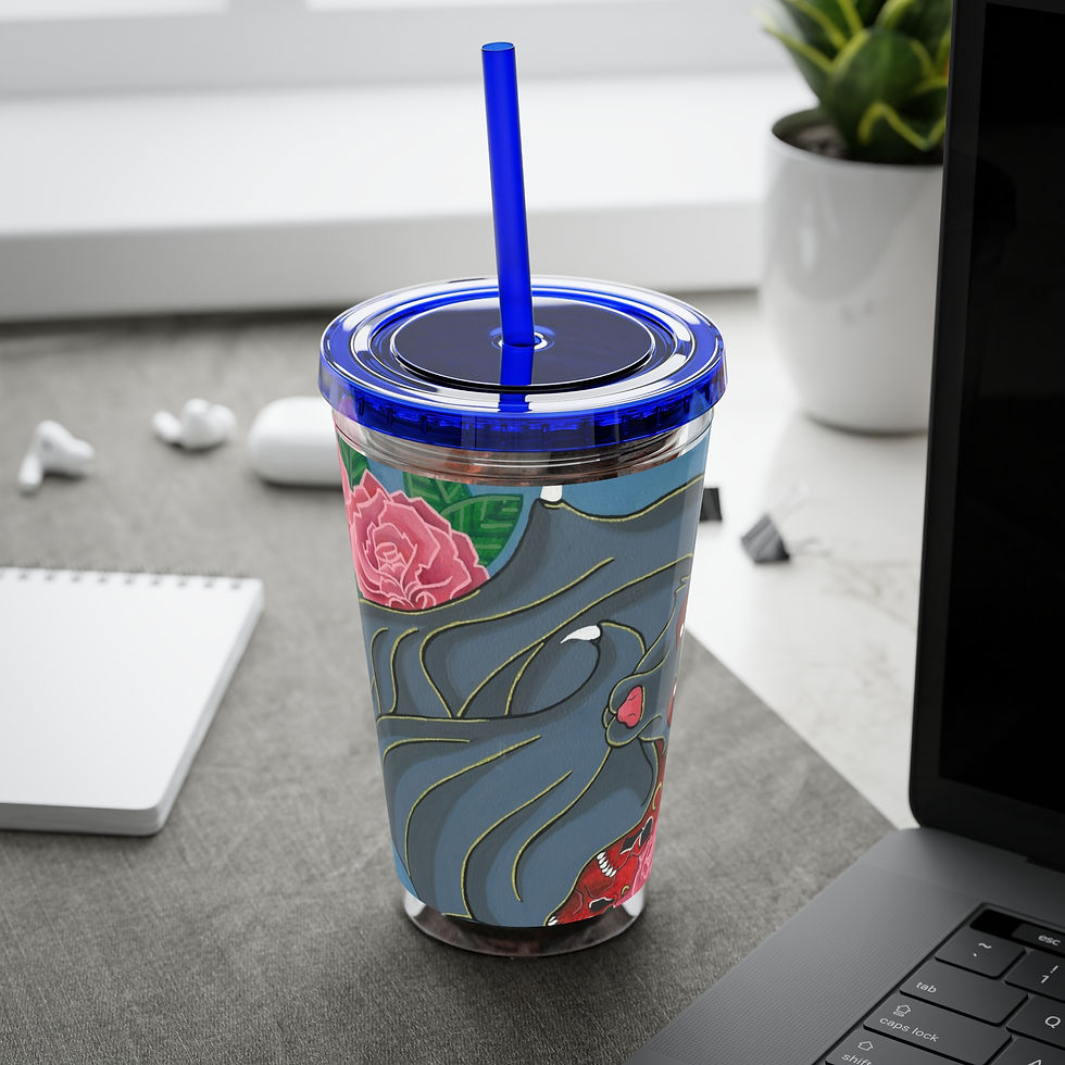 Thumbnail: Tumbler cup with stylized wolf and rose graphic