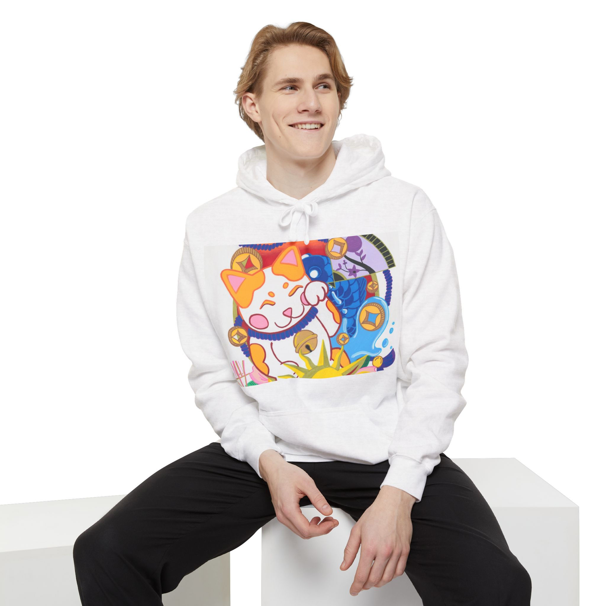 Man in white Lucky Cat hoodie