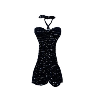 Sold vintage 2000s black and silver ruched halter mini dress. Ethically sourced.