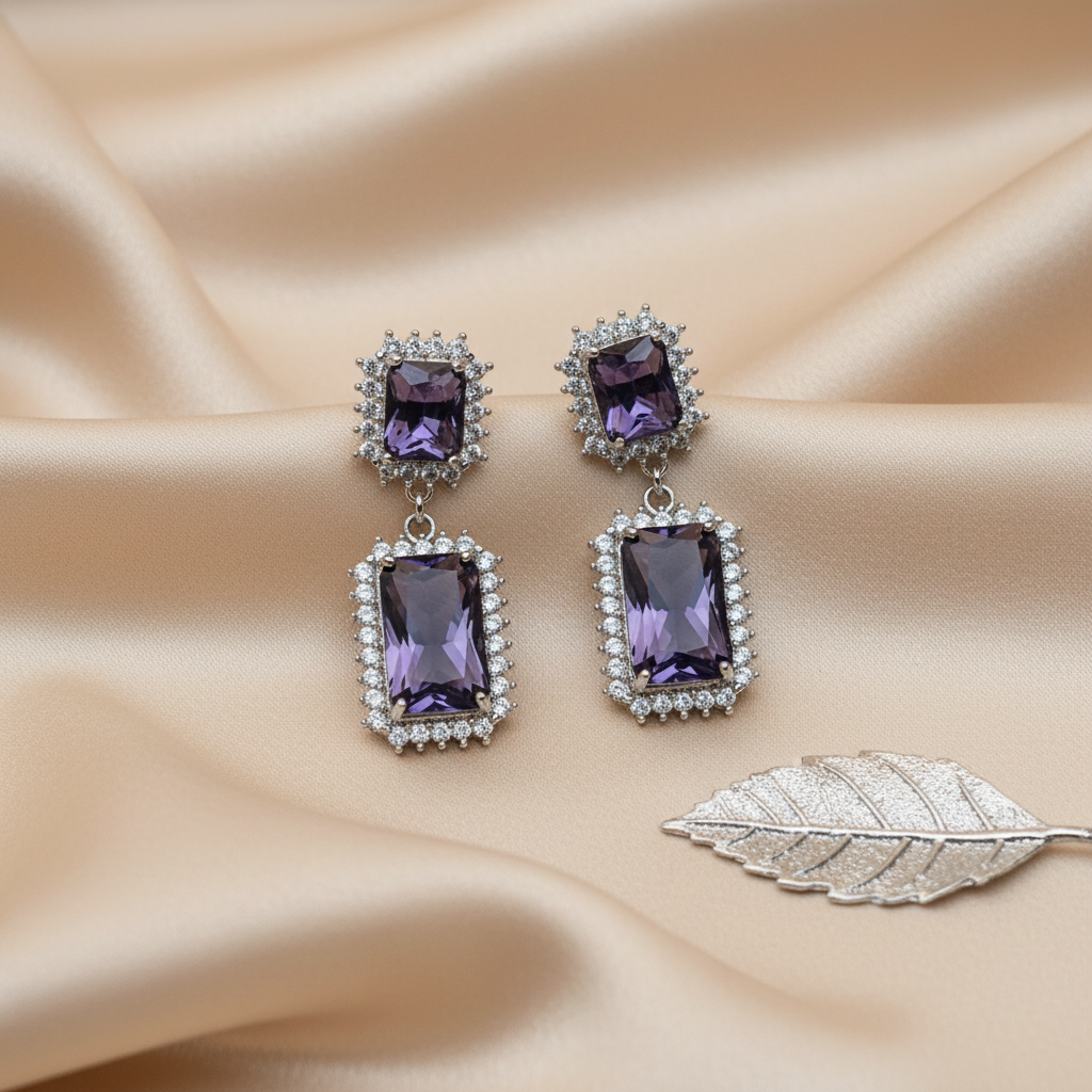 Purple Rectangular CZ Sunburst Halo Danglers (Rhodium-Plated Brass)