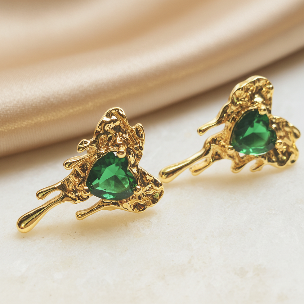 Thumbnail: Melting Heart Emerald CZ Studs (16k Gold-Plated Stainless Steel)