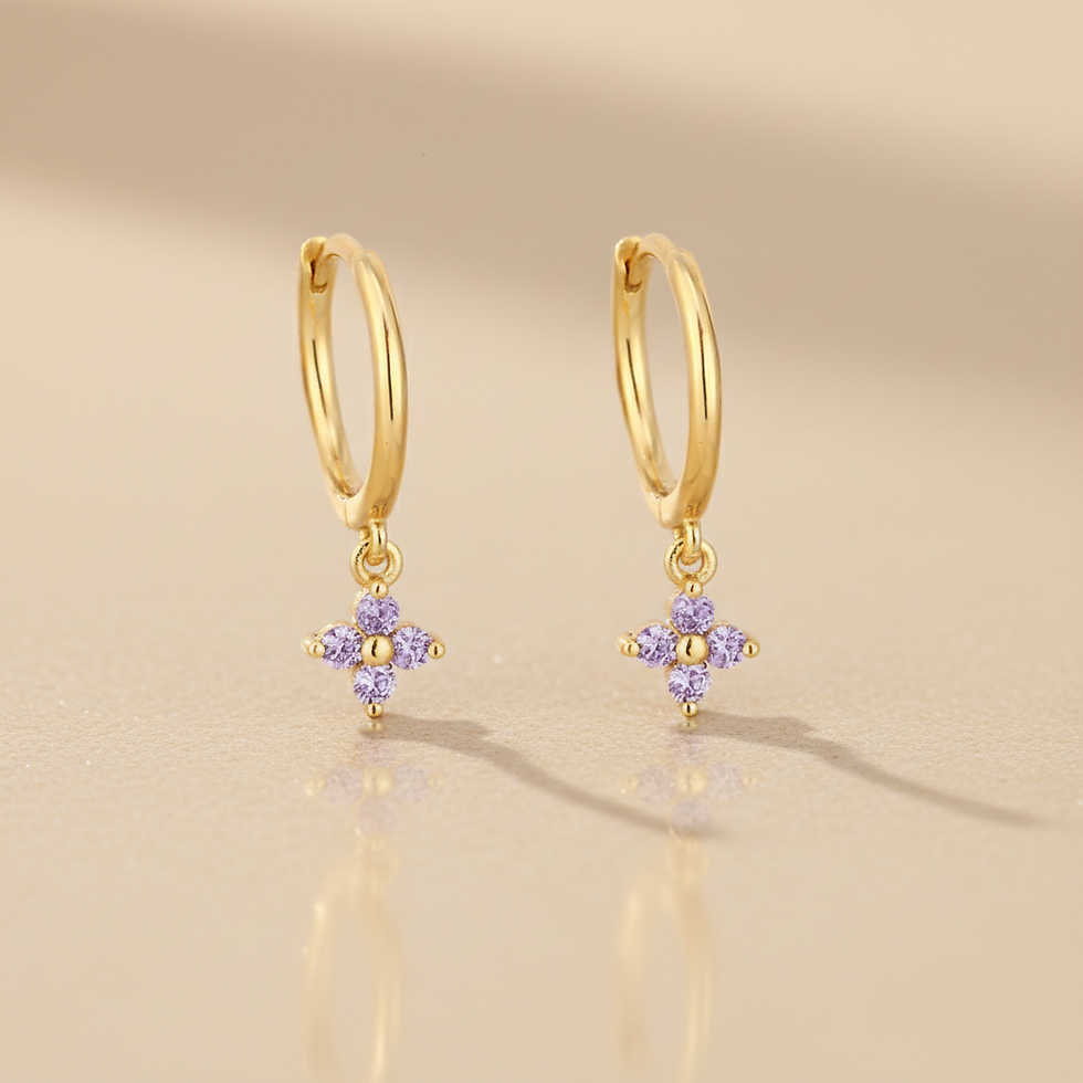 Thumbnail: Purple mini 4-leaf clover CZ Hoop Earrings