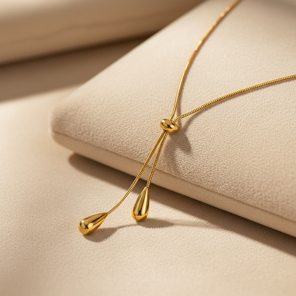 Dangling Conical ball Lariat slider Gold Stainless Steel chain necklace