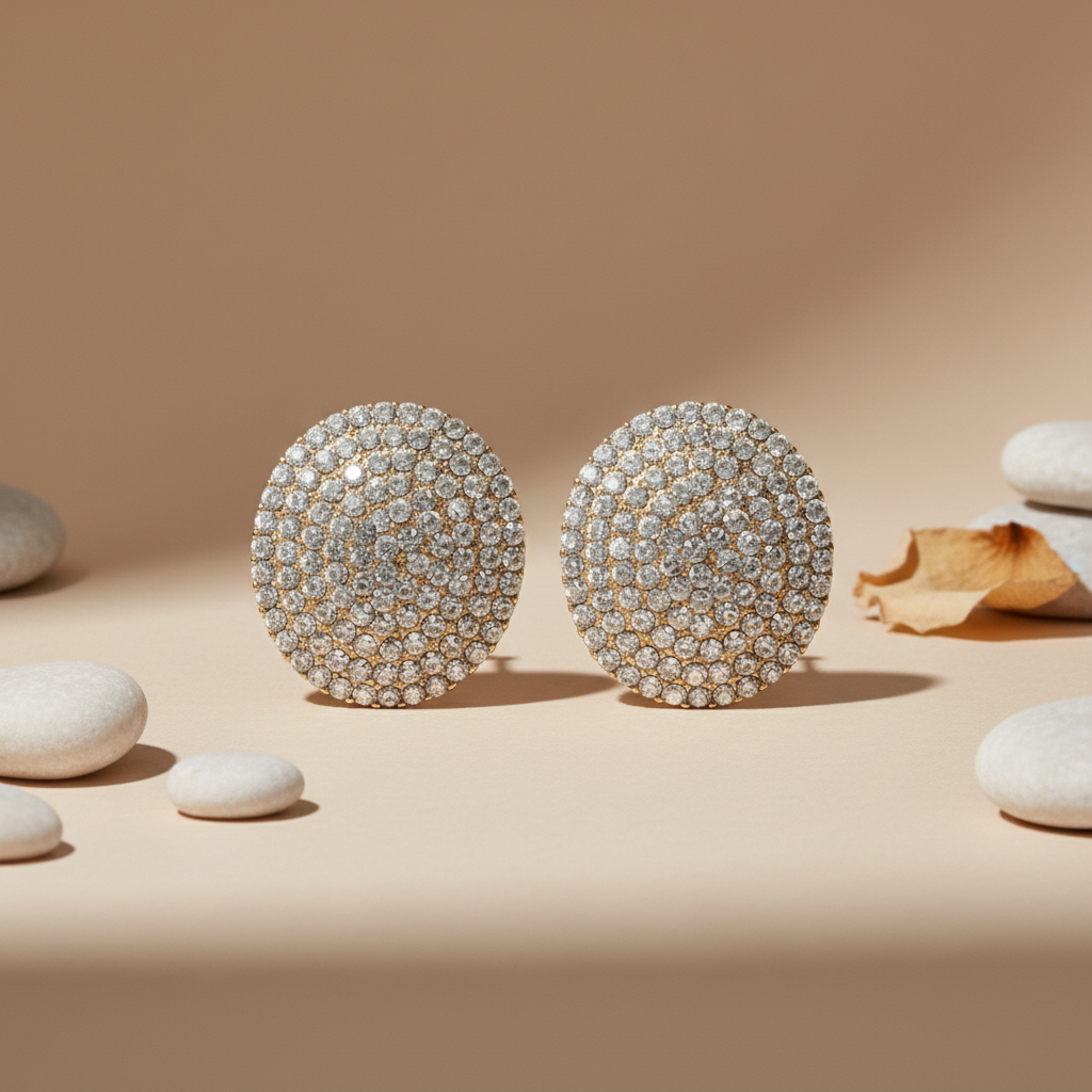 Oval Micropave CZ Studded Gold-Plated Stainless Steel Earrings