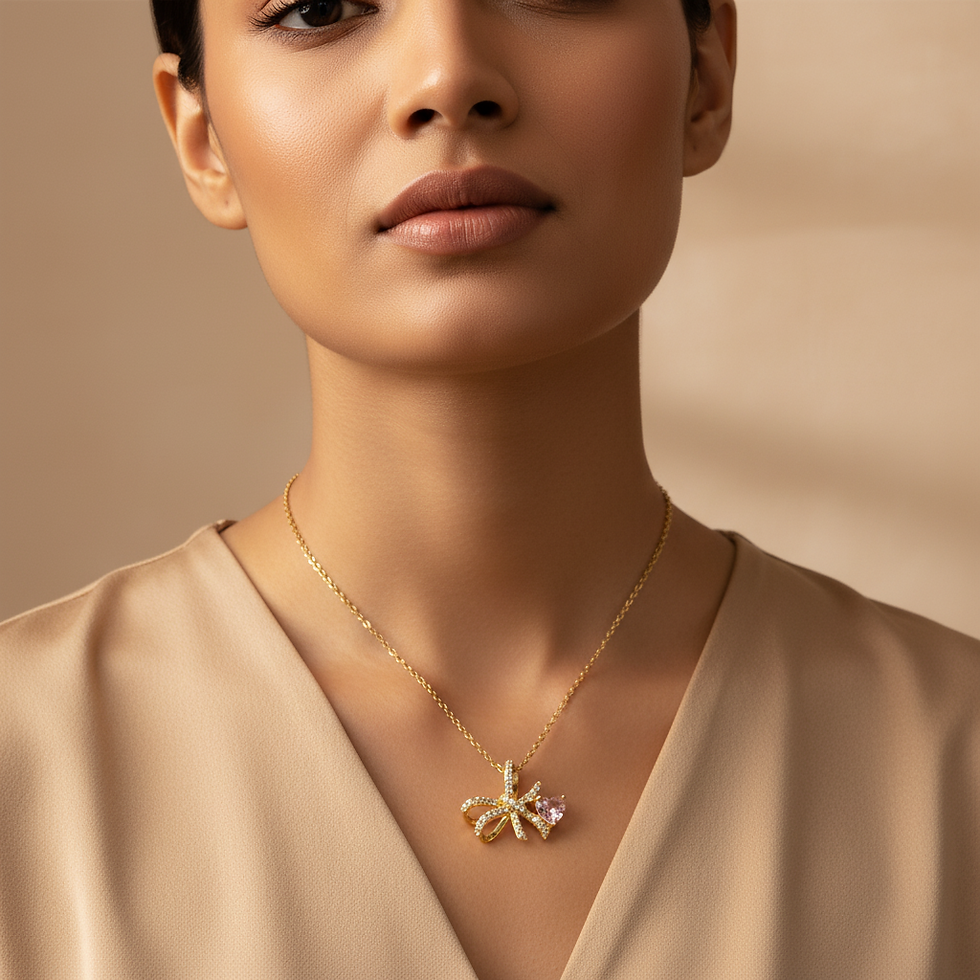 Thumbnail: Bow Pink heart Diamond Necklace