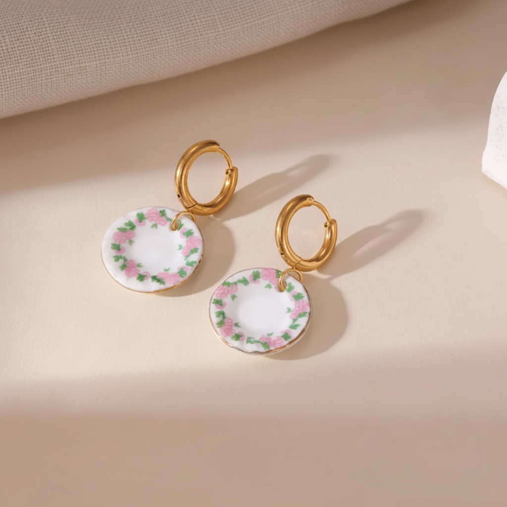 Rose Assiette Porcelain Dangle Hoops