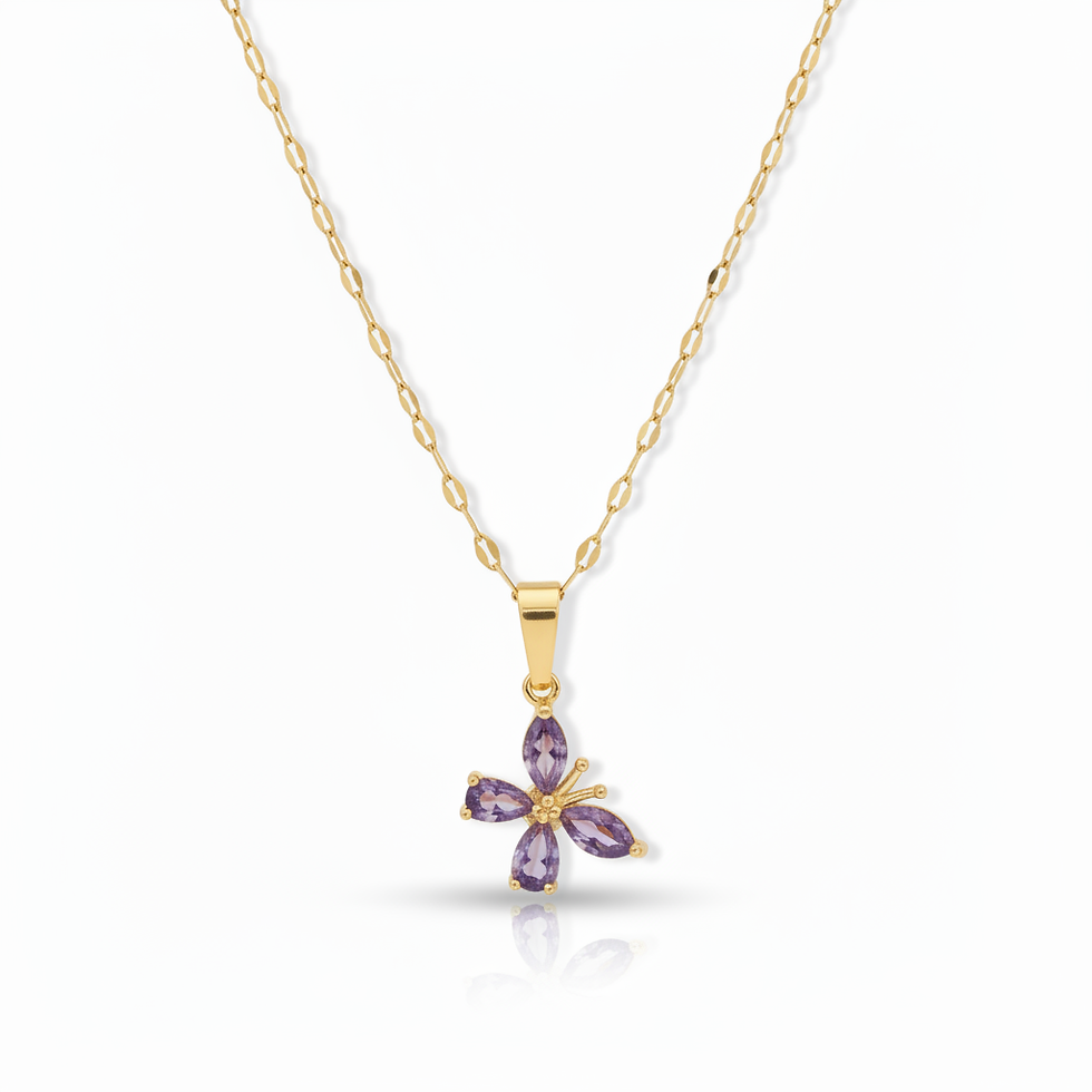 Thumbnail: Purple CZ Butterfly Brass Pendant (18k Gold-Plated Stainless Steel Chain)