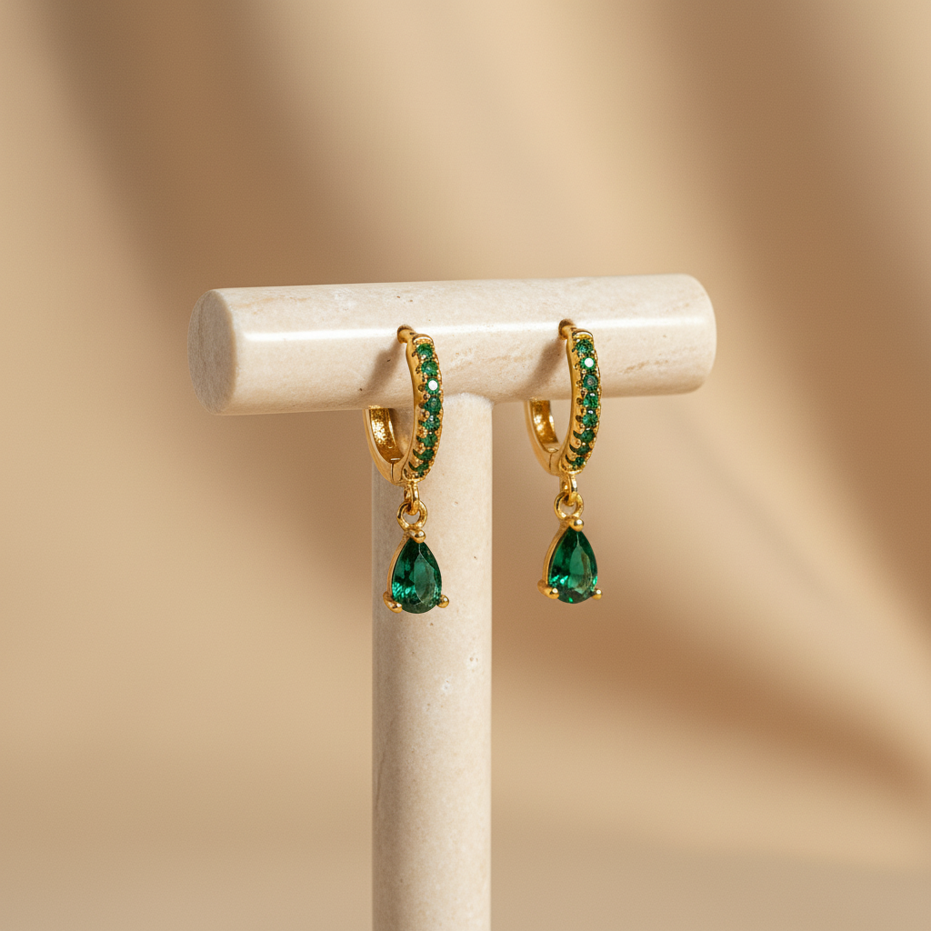 Dainty Emerald American Diamond Drop Brass 18k Gold Hoops